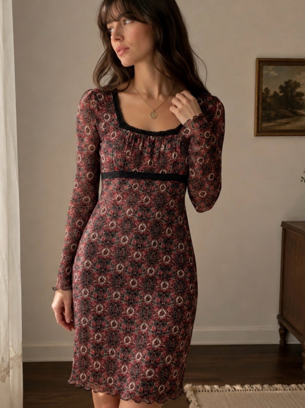Vintage Y2K Dress Babydoll Mesh Long Sleeves Black Red Whimsigoth Fairygrunge S